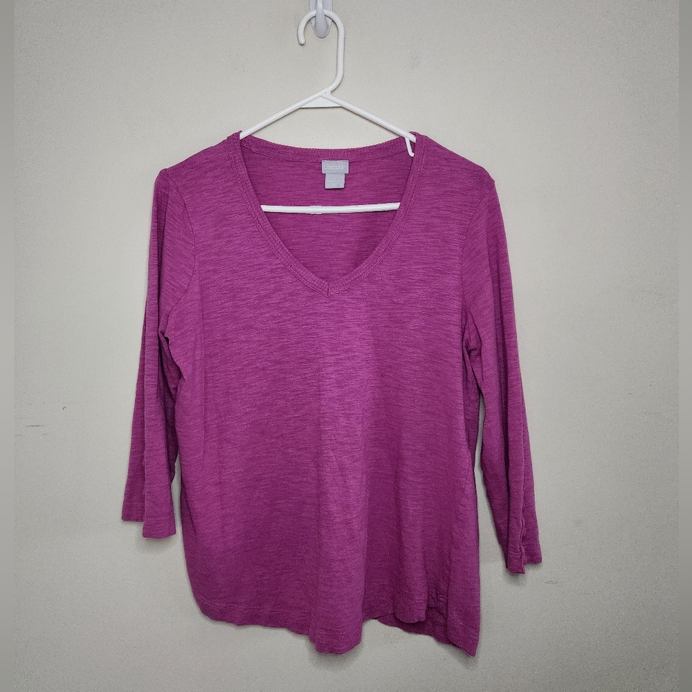 Women's Chico's Purple 3/4 Sleeve Top Sz Medium - Picture 7 of 7